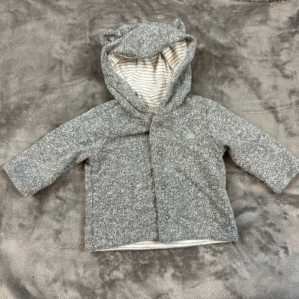 Baby Gap Teddy Bear Ears Knit Hoodie Reversible Stripes Newborn 0-3 Months